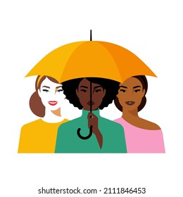 Women standing under one yellow umbrella. Different smiling beauties, female friends, multiracial group, joyful people in Safety. Modern illustration for poster, banner, cover. Insurance concept.