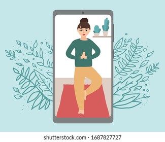 Women standing in yoga pose on Phone display. vector stock illustration of online yoga.Woman doing yoga on screen. Flat UI for application. Digital yoga lesson concept.