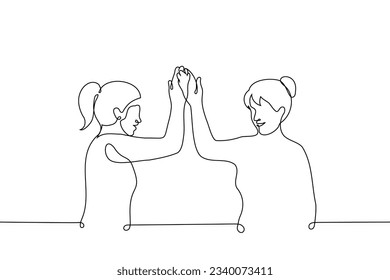 women stands giving each other five smiling - one line drawing vector. the concept of female solidarity, female friendship and teamwork