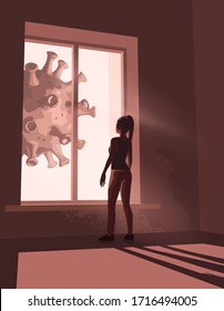 A women staring out of her window while in self-isolation watching as a huge virus moves past her window. Covid-19 lockdown mental health concept. Vector illustration.