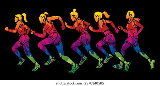 Women Start Running Together Marathon Runner Action Cartoon Sport Graphic Vector