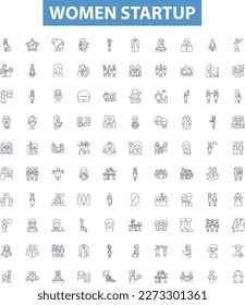 Women startup line icons, signs set. Female, Entrepreneur, Venture, Company, Business, Innovate, Investment, Founder, Women Owned outline vector illustrations.