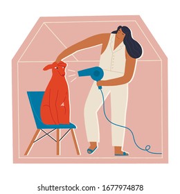 Women stay at home grooming the dog in period of self isolation and social distancing during covid virus epidemic. Things to do at home illustration in vector.