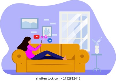 women staying at home and sitting on the couch during coronavirus quarantine. vector flat illustration
