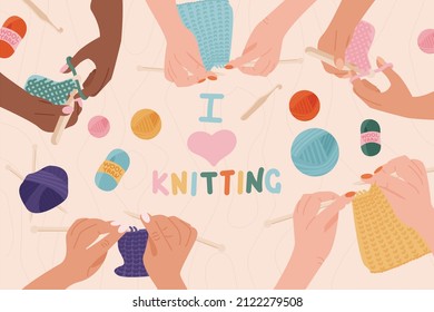 Women staying together and knitting clothes. Concept of handmade knitting workshop. Spare leisure time. Creativity. Vector illustration