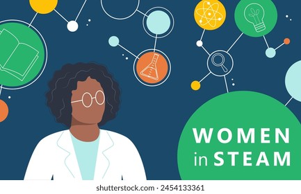 Women in STEAM and STEM education. Horizontal colorful banner: science, technology, engineering, art, mathematics. Woman in science. Vector illustration.