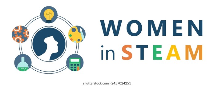 Women in STEAM and STEM education. STEAM, STEM LAB. Science, Technology, Engineering, Arts, Mathematics. Vector illustration.