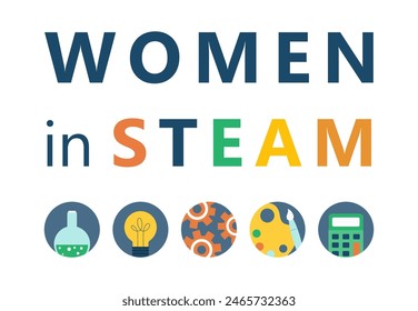 Las mujeres en la educación STEAM y STEM. STEAM, LABORATORIO DE TALLOS. Ciencia, Tecnología, Ingeniería, Artes, Matemáticas. Ilustración vectorial.