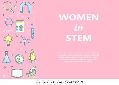 Women In STEM Education Horizontal Colorful Banner In Linear Style: Science, Technology, Engineering, Mathematics. Back To School. Vector Illustration.