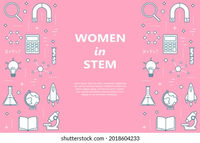 Women in STEM education horizontal colorful banner in linear style: science, technology, engineering, mathematics. Back to school. Vector illustration.