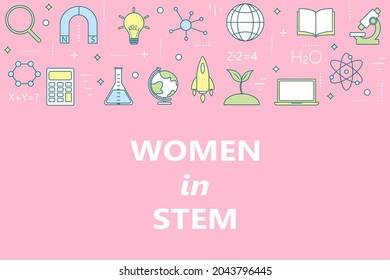 Women in STEM education horizontal colorful banner in linear style: science, technology, engineering, mathematics. Back to school. Vector illustration.