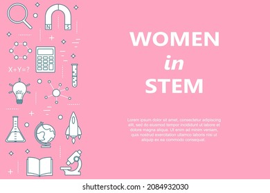 Women in STEM education horizontal colorful banner in linear style: science, technology, engineering, mathematics. Back to school. Vector illustration.