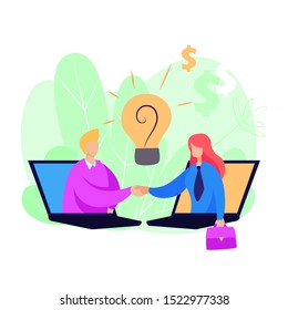 Women sticking out from computer screens and shaking hands. Laptop, lightbulb, handshake. Business concept. Vector illustration for topics like agreement, deal, cooperation