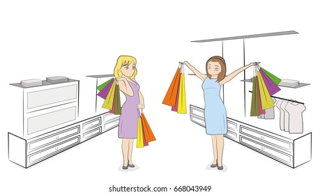 Women in the store are happy discounts. vector illustration.
