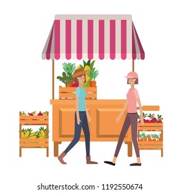women in store kiosk with vegetables avatar character