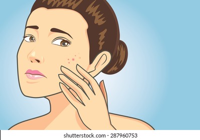 Women strain to problem acne face on blue background have text space