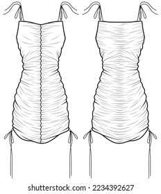 Women strapped ruched dress design flat sketch fashion illustration drawing with front and back view. Ladies bodycon evening wear, gathered off shoulder tight dress drawing vector template