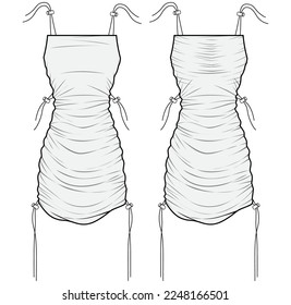 Women strapped tied ruched dress design flat sketch fashion illustration drawing with front and back view. Ladies bodycon evening wear, gathered off shoulder tight dress drawing vector template