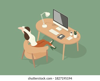 Women stretch after work is done. Isometric Illustration about working on the table.