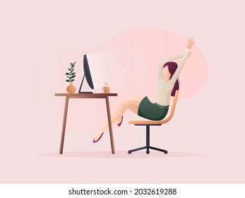 Women stretch after work is done.  Flat design Illustration about working on the table.