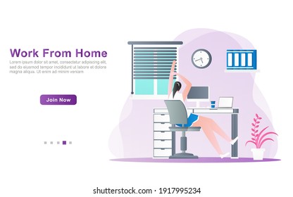 women stretch after working online with a computer from home in a pleasant workspace. learn courses and online meetings flat illustration concept. for website, homepage, ads, UI, print media