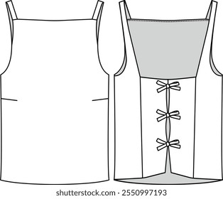 Top elástico de mujer con lazos en la espalda, escote cuadrado y tirantes, croquis delante y detrás