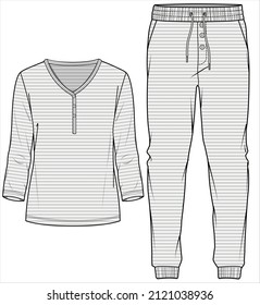 WOMEN STRIPE TEE AND JOGGERS WITH FRONT PLACKET 
NIGHTWEAR SET IN EDITABLE VECTOR FILE