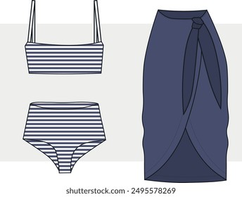 women striped bikini set technical fashion illustration, striped design. sailor beach wear 3 set. bikini fashion flat technical drawing template.