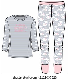 WOMEN STRIPETEE AND JOGGERS WITH CLOUD PRINT 
NIGHTWEAR SET IN EDITABLE VECTOR FILE