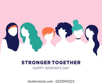 Women stronger together, International women's day, vector illustrations, social media banners, greeting cards, posters, brochures, and billboards, women's rights awareness, break the bias.