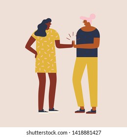 Women students get a success,  give five to each other and celebrate. Connection and solidarity illustration in vector. 