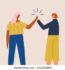 Women students get a success,  give five to each other and celebrate. Connection and solidarity illustration in vector. 