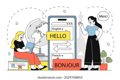 Women studies French. Young girls with stack of books near smartphone screen. Students study foreign language. Education and training. Linear vector illustration isolated on white background