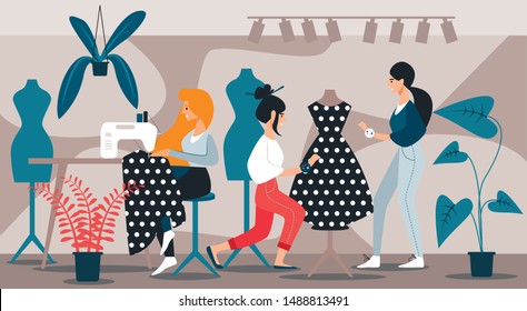 Women in Studio Sew Dress. Get Involved in Sewing. Vector Illustration. Free Time. Rest from Work. Group Classes. Modern Hobby. Woman Sews on Sewing Machine. Try on Dress on Mannequin. Sewing Workshop