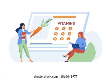 Women studying vitamins in organic food. Nutritionist presenting fresh vegetable on screen flat vector illustration. Healthy nutrition, diet concept for banner, website design or landing web page