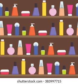 Women Stuff Creams, Perfumes, Skin Care Products On The Shelf - Vector Seamless Flat Style Pattern Illustration