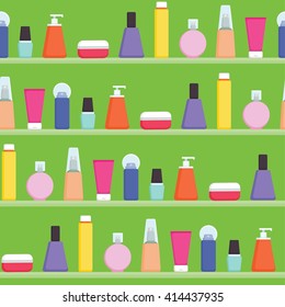Women stuff creams, perfumes, skin care products on the shelf - vector seamless flat style pattern illustration