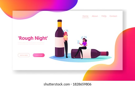 Women Substance Abuse Landing Page Template. Female Characters Hangover Syndrome Sit on Empty Alcohol Bottles after Party Celebration or Drinking Bout with Friends. Cartoon People Vector Illustration