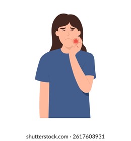 Women suffer dental problem. Toothache. Painful gum. Inflammation of teeth. Cheek hurt. Vector flat design   