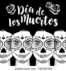 Women with Sugar Skull Face Paint. Black and white. Image for t-shirt, poster, flyer, publication... Day of The Dead written in Spanish