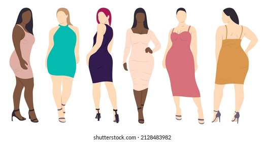 Women in summer dresses vector set. Plus size women in beautiful outfits. 