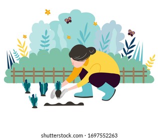Women summer gardening- flat vector concept illustration of a young woman
