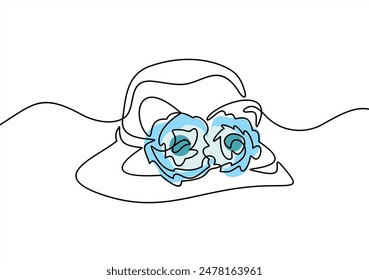 Women summer hat in continuous line art drawing style. Female sun protected hat with bow-knot. Minimalist black linear design isolated on white background. Vector illustration