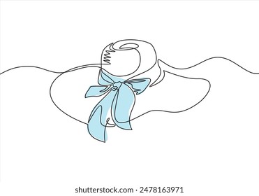 Sombrero de verano de las mujeres en estilo de dibujo de arte de línea continua. Sombrero protector solar femenino con nudo de lazo. Diseño lineal negro minimalista aislado sobre fondo blanco. Ilustración vectorial