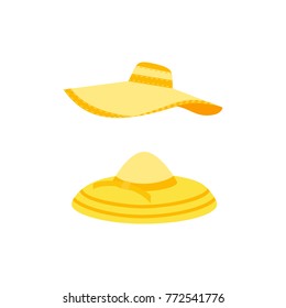 Women Summer hat icon. Girl beach sunhat flat cartoon. Lady hat for vacation. Woman straw cap for travel wear. Sun protection wide brim sunblock. Holiday weekend sign isolated. Vector illustration