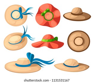 Women summer hat set. Colorful summer collection icon. Flat vector illustration isolated on white background.