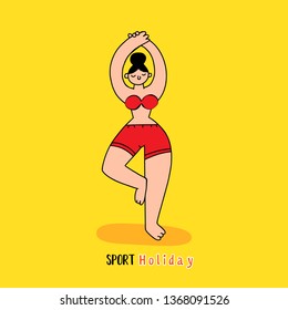 Women and Summer hobby is yoga. Vector illustration. Doodle cartoon design, linear styled. Sport holiday typography and lettering.