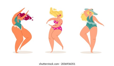 Women Summer. Pretty Body Positive Dance Girls In Sundresses And Swimsuits With Long Hair. Funny People On Beach Party, Young Sexy Plus Size Models, Female Characters Vector Isolated Set