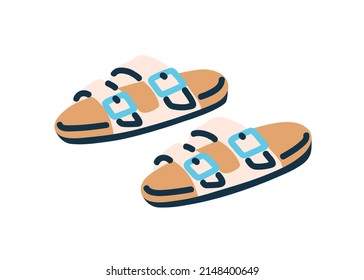 Women summer shoes. Backless sandals with pin buckles. Female footwear with straps, comfortable footbed. Colored vector illustration of modern fashion flats, slippers isolated on white background