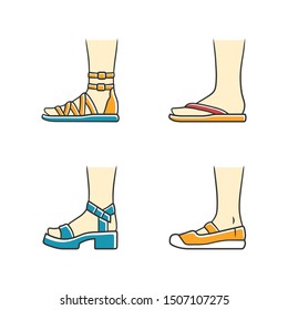 Women summer shoes color icons set. Female elegant formal and casual footwear. Stylish gladiator sandals, flip flops, platform heels. Fashionable spring canvas flats. Isolated vector illustrations